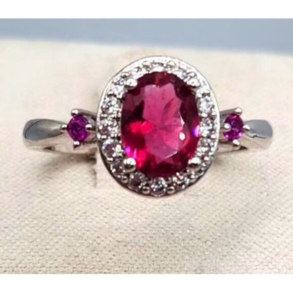 Red/Pink Center Stone 14kt Gold Plated Size 7 RIng With Crystal Accents Cocktail - Picture 1 of 5